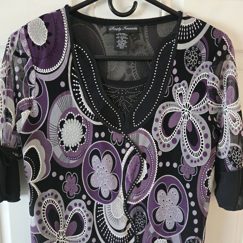 Simply Irresistible Sheer Layered Mesh Top Purple Floral Artsy Boho Size Small